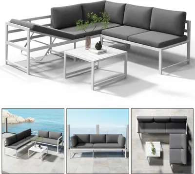 Produktbild von Melko Sitzgruppe Aluminium Lounge Ecksofa Liegefunktion wetterfest Tisch - Weiß