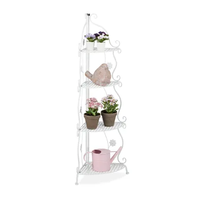 Produktbild von Relaxdays Blumenregal Metall, 4-stufiges Pflanzenregal, innen & außen, HxBxT 113,5 x 31 x 31 cm, Retro Eckregal, weiß