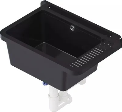 A black sink with plumbing attached, shown from a slightly elevated angle against a white background.