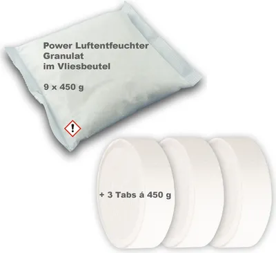 Produktbild von Luft-Entfeuchter Nachfüllpackung 9x 450g Granulat im Vliesbeutel & 3x 450g Tabs ohne Vlies