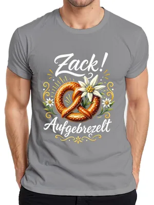 Produktbild von Zackig Aufgebrezelt Brezel Edelweiß Alpen Trachtenshirt Lederhose Herren T-Shirt, Grau, M