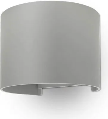 A gray, curved wall lamp is shown against a white background.