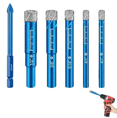 Obrázek produktu pro 6 diamantových vrtáků na dlaždice, průměry 6/6/8/10/12 mm, určené pro sklo a kámen