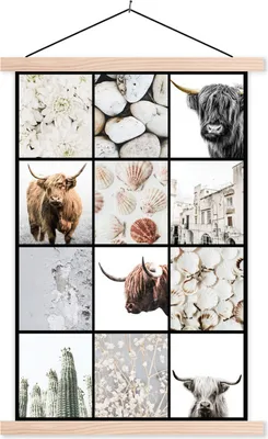 Produktbild von MuchoWow® Textilposter Schottisches Hochlandrind - Collage - Blumen - Muscheln 120x180 cm mit holzfarbenen Rahmen - Textil-Plakat