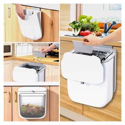 Produktbild von Hängender Küchenmülleimer mit Deckel, Faltbarer 10L Abfalleimer für Küche, Komposteimer zur Wandmontage für Küche, Camping, Wohnmobil ohne Bohren