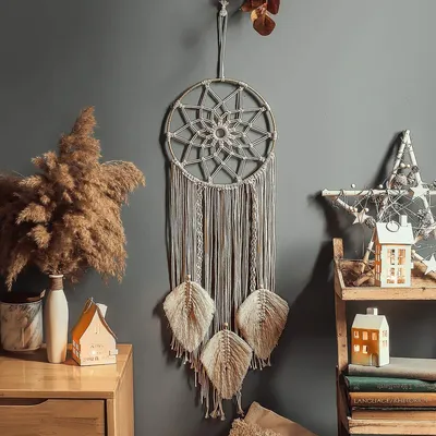 Immagine prodotto di Inovra - Acchiappasogni fatto a mano - Macramè - Decorazione da parete - Decorazione bohémien - Diametro 25 cm - Lunghezza totale 100 cm