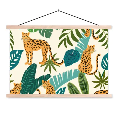 Produktbild von MuchoWow® Textilposter Dschungel - Leopard - Pflanzen - Muster - Mädchen - Jungen 60x40 cm mit holzfarbenen Rahmen - Bilder