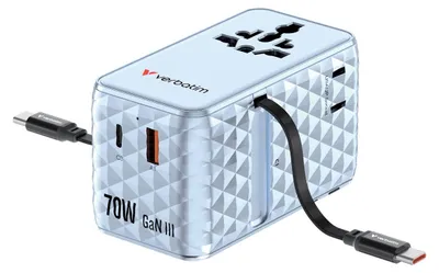 Imagen del producto de Adaptador de viaje universal retráctil VERBATIM Charge 'n' Travel, 70W, 2 enchufes, color azul