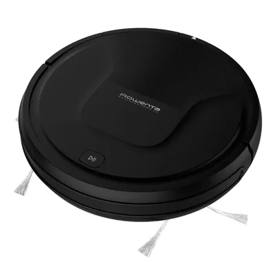 A black robot vacuum cleaner is shown from a slightly elevated angle against a white background.