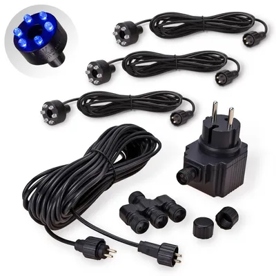 Produktbild von CLGarden 3er Set LED Ringe blau 10 Meter Kabel 12 Volt Netzteil Springbrunnen Beleuchtung Quellsteinbeleuchtung DIY