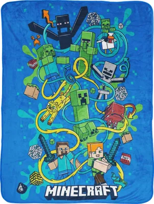 A vibrant blue blanket featuring various Minecraft characters and elements in a dynamic, swirling design.