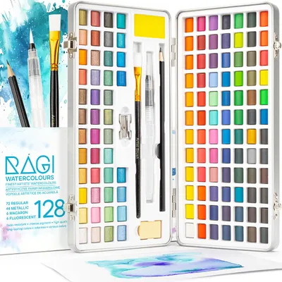An open watercolor paint set with many colors, brushes, and pencils inside a silver case, with some text and branding on the left side.