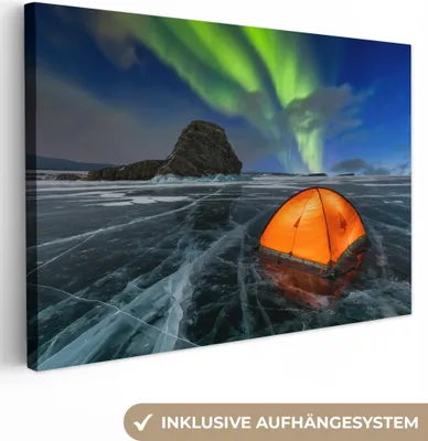 Produktbild von OneMillionCanvasses® - Leinwandbilder - 140x90 cm, Nordlichter - Zelt - Eis - Skandinavien, Wandbilder Kunstdruck Wanddekoration