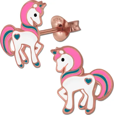Produktbild von Mädchen Ohrringe 925 echt Silber Einhorn Pferde Herz Rosegold goldene 925er Ohrstecker für Kinder K640