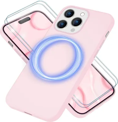 Immagine prodotto di Custodia MagSafe con 2x vetro protettivo per iPhone 14 Pro Max, Custodia in silicone facile da pulire Rosa