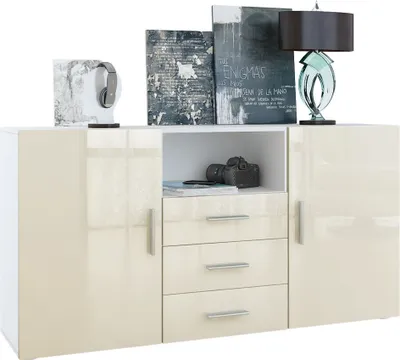 Produktbild von Vladon Sideboard Skadu, Kommode mit 2 Türen, 3 Schubladen und 1 offenem Fach, Weiß matt/Creme Hochglanz (138,5 x 71,5 x 35 cm)