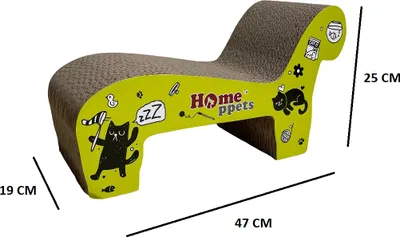 A cat scratching post shaped like a lounge chair, with cartoon drawings and dimensions indicated.