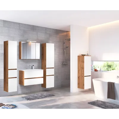 Produktbild von Badmöbel Kombination LOUROSA-03 in Wotaneiche mit matt weiß inkl. LED-Aufbauleuchte und Mineralgussbecken, B/H/T: ca. 200/200/47 cm