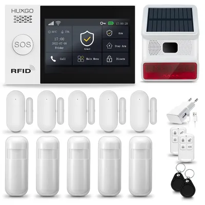 Produktbild von HUXGO HXA007 Alarmanlage Haus WiFi + GSM 2G mit Funk Sirene, Alarm System mit 5x Bewegungssensor und 5x Tür- Fenstersensor, Alarmanlage für Wohnung, Haus, Garage, Tuya Smartlife App