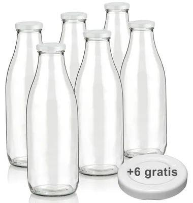 Produktbild von Milchflaschen 1L Smoothie Saft Flaschen 1000ml leere Glasflaschen Deckel BPA frei, 6 Milchflaschen mit 12 Deckeln