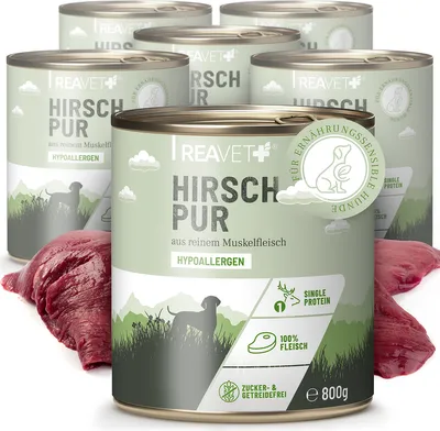 Produktbild von REAVET Premium Hunde Nassfutter - Hirsch Pur 6 x 800g I Reines Muskelfleisch, Hypoallergen, ohne Getreide & Zusätze, Hundenassfutter sensitiv für Allergiker