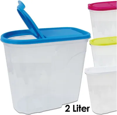 A collection of transparent storage containers with colored lids, with one container prominently displayed in the foreground.