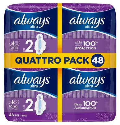 Produktbild von Always Ultra Long Damenbinden Größe 2 mit Flügeln 48 Stück – Damenhygiene Binden