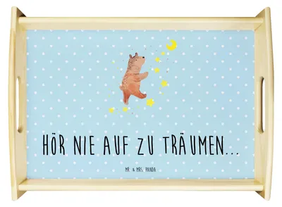 Produktbild von Mr. & Mrs. Panda Serviertablett Bär Träume - Blau Pastell - Geschenk, Traumdeutung, Traum, Teddy, Träumen, Servier Tablett, holz, Deko, Dekotablett