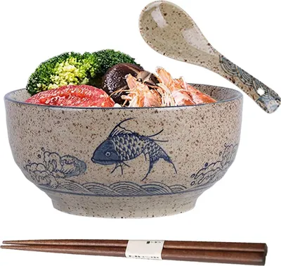 Produktbild von Japanische keramische Ramen-Schüssel - mit Löffel und Essstäbchen - 580 ml