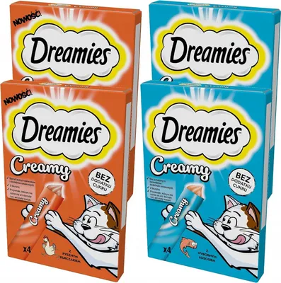 Produktbild von Dreamies Katzenleckerlis Creamy Snacks mit Lachs und Huhn Set mit 4 Packungen (16 Portionen à 10g)