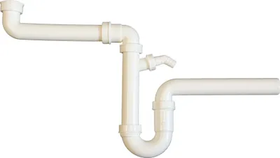 A white plastic sink siphon plumbing kit against a white background.