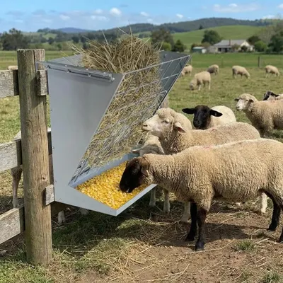 Image de Grand abreuvoir à foin – 2 en 1 pour le foin et les céréales/le sel – Suspendu – 60 cm – Acier inoxydable – Pour moutons, chèvres et chevaux – Argenté