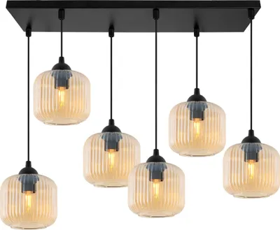 Image de Suspension RIFFLE noire à 6 ampoules, cylindre en verre ambré, E27