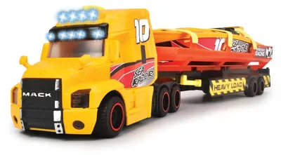Productafbeelding van Zeerace vrachtwagen, transportvoertuig voor grote objecten, grote vrachtwagen met aanhanger en boot, speelgoed met licht en geluid, geschikt voor kinderen vanaf 3 jaar, kleur: oranje