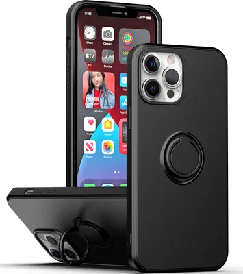 A black iPhone 13 case with a ring holder is shown from multiple angles, with a phone screen visible in the background.