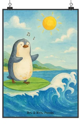 Produktbild von Mr. & Mrs. Panda Bild Pinguin Surfer Design DIN A0 - Weiß - Geschenk, Pinguine, Urlaub, Kunstdruck, Wellen, Optimistisch, Posterdruck, Surfen, Motiviert, wanddeko, drucke