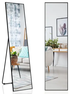 Produktbild von Ganzkörperspiegel 160 x 40 cm, 2-in-1 Stand- & Wandspiegel, Ankleidespiegel mit Aluminiumrahmen, Schwarz
