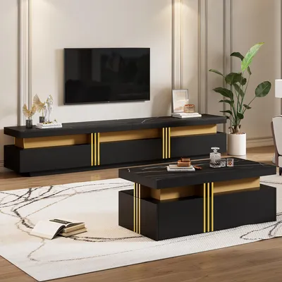Produktbild von STILVORA Wohnzimmer-Set Schrankkombination mit TV-Schrank und Couchtisch,Fernsehbank mit Kaffeetisch,TV-Wandkombination,Schwarze