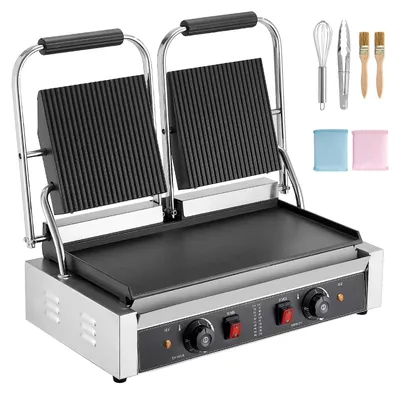Produktbild von SucceBuy Kommerzieller Panini-Grill Kontaktgrill 3600 W für Sandwiches, Steak, Speck und Hamburger, Edelstahl-Sandwichmaker mit Griff, Temperaturregelung und 48 x 23 cm Heizfläche