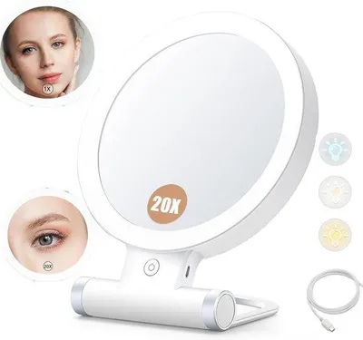 Obrázek produktu pro Přenosné oboustranné osvětlené kosmetické zrcátko, 20×/1× zvětšení, 3 stupně osvětlení, dotykový displej s nastavitelnou jasností