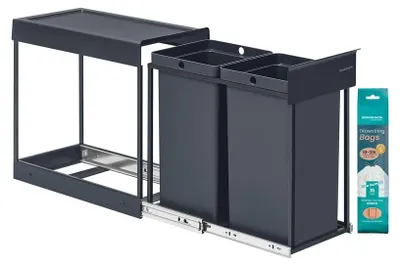 Produktbild von Abfallbehälter mit 2 Fächern und ausziehbarem Mülltrennsystem | Grau | 25,4 x 48,6 x 44 cm