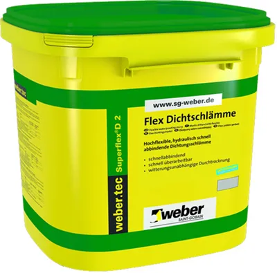 A yellow plastic bucket with a green lid and green bands, containing a waterproofing product. The bucket has text and logos printed on it.