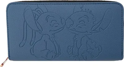A blue wallet with an embossed design of two characters from Lilo & Stitch.