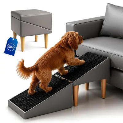 Produktbild von Outentin Klappbare Hundetreppe & Hunderampe für Sofa und Bett, rutschfest, stabil, 36 cm, Kunstleder Grau