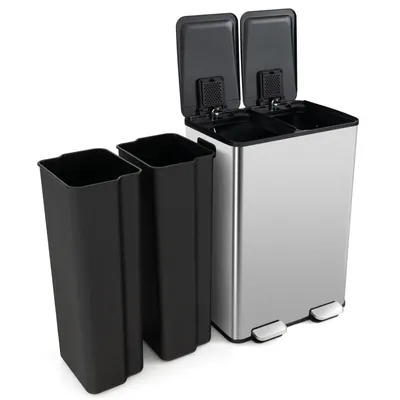 Obrázek produktu pro 60L koš 2 přihrádky, dvojitý odpadkový koš kuchyňský, odpadkový koš kuchyňský odpadkový koš s víkem, pedálový systém třídění odpadků nerezová ocel