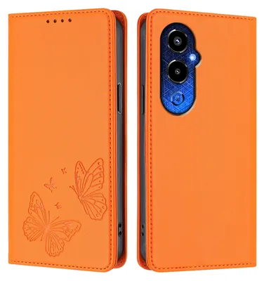 Produktbild von Lederhülle für Tecno Pova 4 Pro, Schmetterling Prägung Leder Brieftasche Schutzhülle mit Ständer Orange