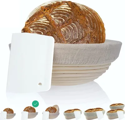 Produktbild von riijk Gärkörbchen mit Gratis Teigschaber 25cm, Gärkorb für Brotteig aus Peddigrohr mit Leineneinsatz, Gärkörbe für Brot
