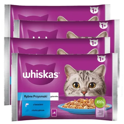 Zdjęcie produktu dla Whiskas Adult 4x340g Rybne Przysmaki Mokra Karma Dla Dorosłego Kota W Galaretce Kawałki Z Łososiem I Z Tuńczykiem