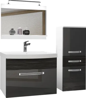 Image de BELINI Meubles de salle de bain set complet armoire de toilette, petite armoire, lavabo, miroir, lampe (argent / ébène royale, brillant et mat)