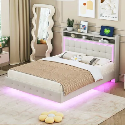 A bedroom scene featuring a bed with LED lighting, a mirror, and decorative elements.